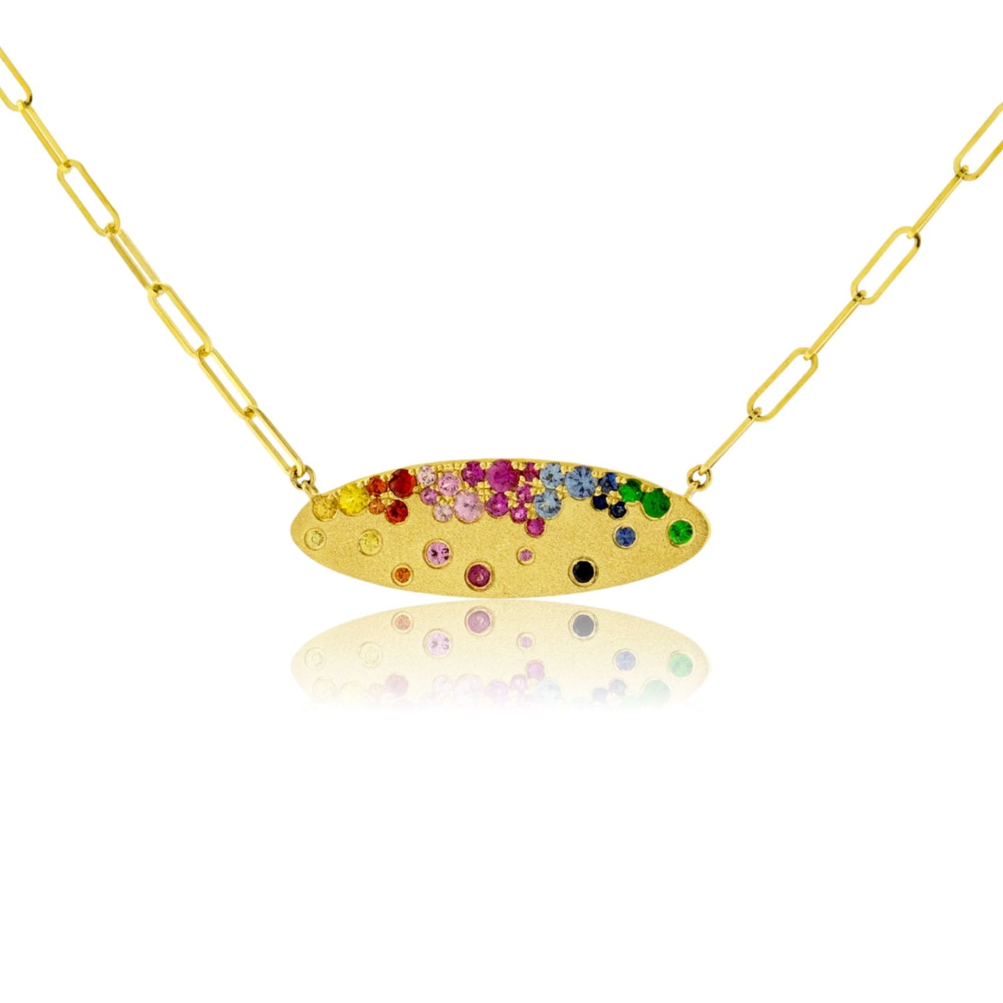 Yellow Gold Satin Finish Flush Set Oval Rainbow Sapphire Necklace - Park City Jewelers