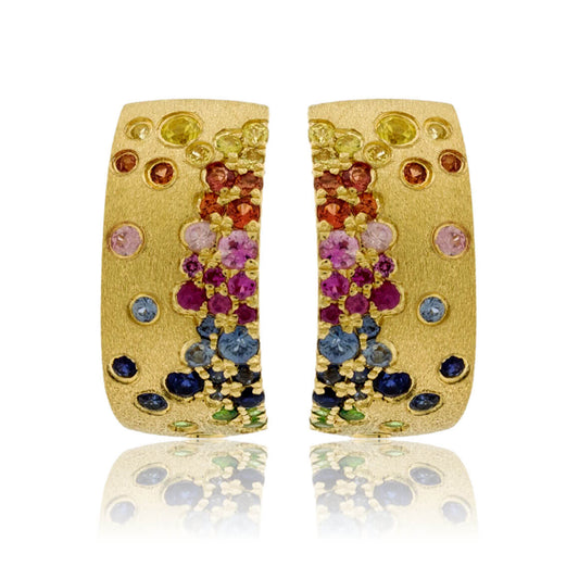Yellow Gold Satin Finish Flush Set Rainbow Sapphire Earrings - Park City Jewelers