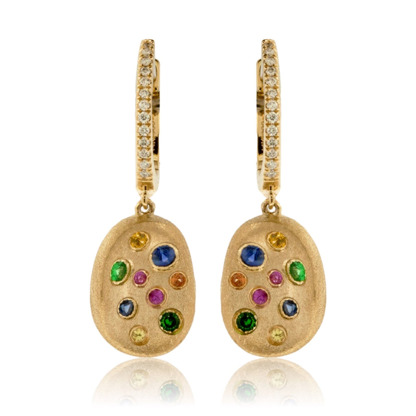 Yellow Gold Satin Finish Flush Set Rainbow Sapphire Earrings - Park City Jewelers