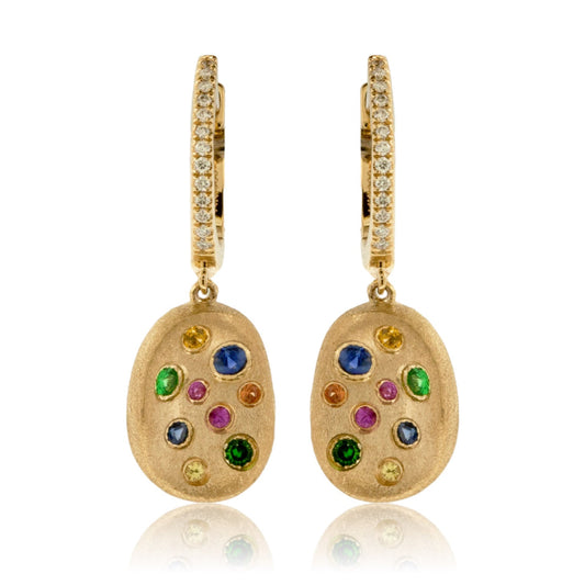 Yellow Gold Satin Finish Flush Set Rainbow Sapphire Earrings - Park City Jewelers