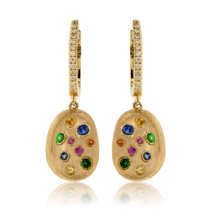 Yellow Gold Satin Finish Flush Set Rainbow Sapphire Earrings - Park City Jewelers