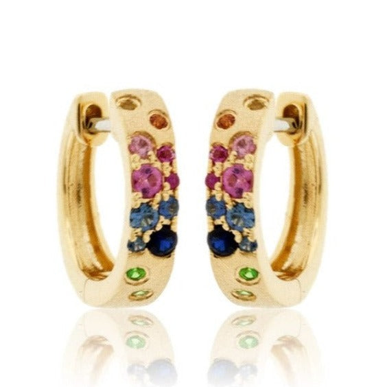 Yellow Gold Satin Finish Flush Set Rainbow Sapphire Earrings - Park City Jewelers