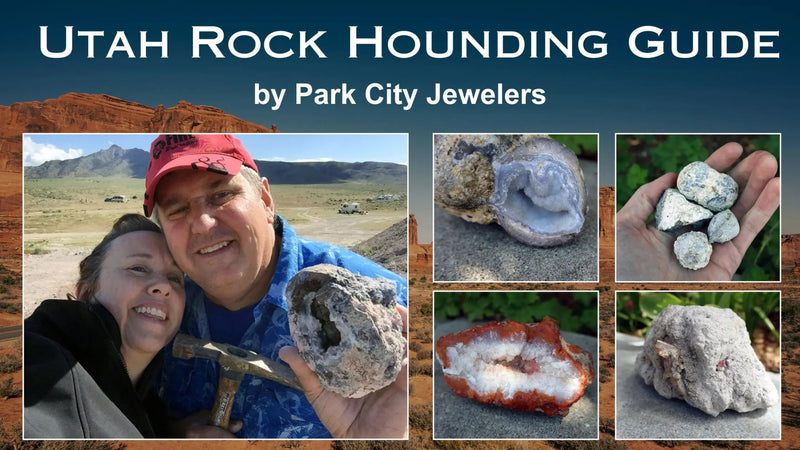 Utah Rock Hounding Guide Blog Banner Image with Pictures of Geodes and Minerals Found in Utah