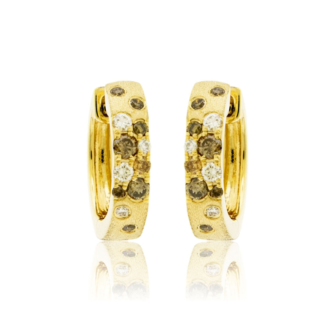 Gold Satin Finish Flush Set Colored Diamond Earrings