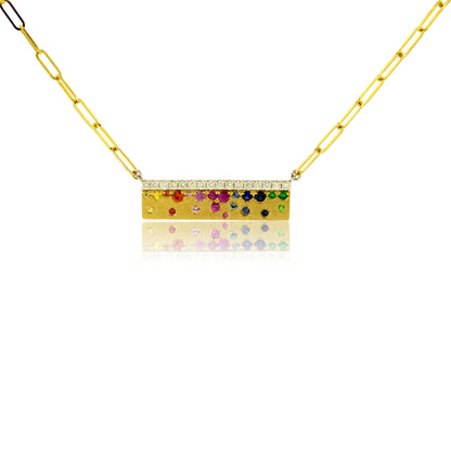 Yellow Gold Satin Finish Flush Set Rainbow Sapphire Necklace