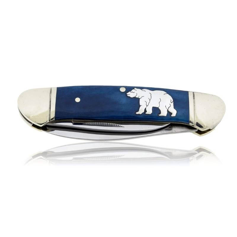 2 blade pocket knife with sterling silver bear inlay