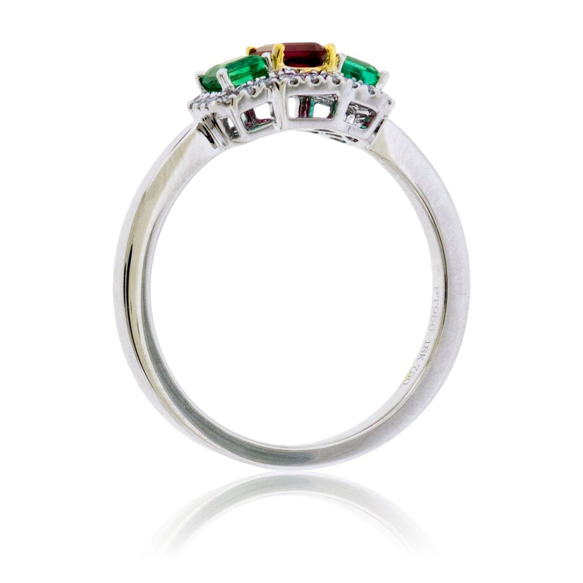 3 Stone Red Emerald and Green Emerald Diamond Halo Ring - Park City Jewelers