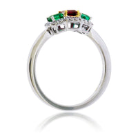 3 Stone Red Emerald and Green Emerald Diamond Halo Ring - Park City Jewelers