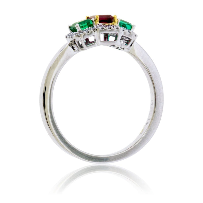 3 Stone Red Emerald and Green Emerald Diamond Halo Ring - Park City Jewelers