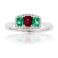 3 Stone Red Emerald and Green Emerald Diamond Halo Ring - Park City Jewelers