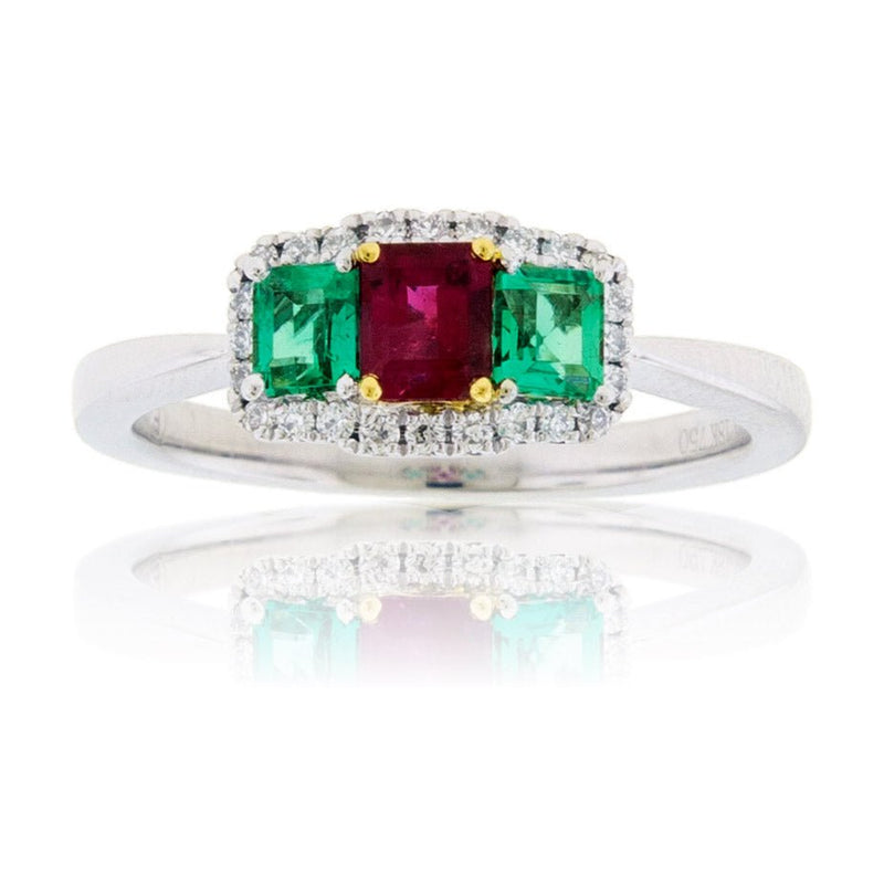 3 Stone Red Emerald and Green Emerald Diamond Halo Ring - Park City Jewelers