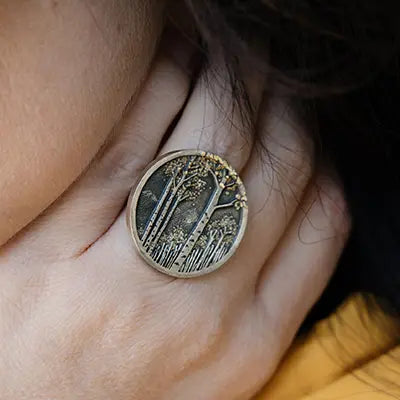 Woman Wearing Gold Nugget Wolfgang Vaatz Ring from Park City Jewelers