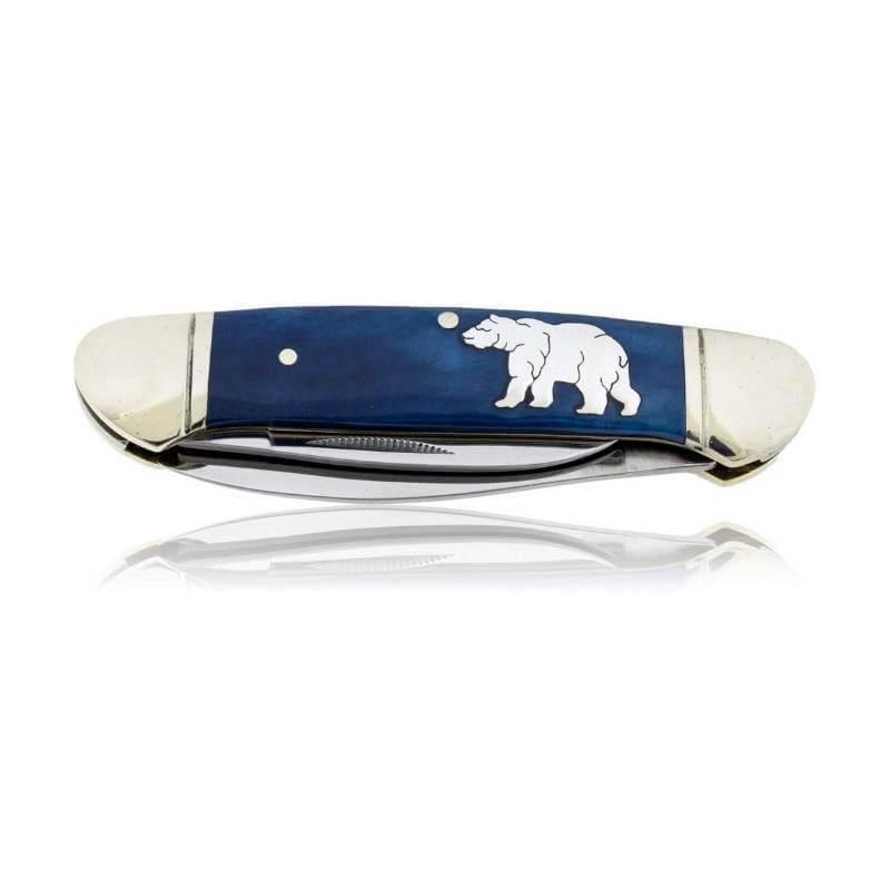 Blue rough rider 2 blade knife with sterling silver bear inlay