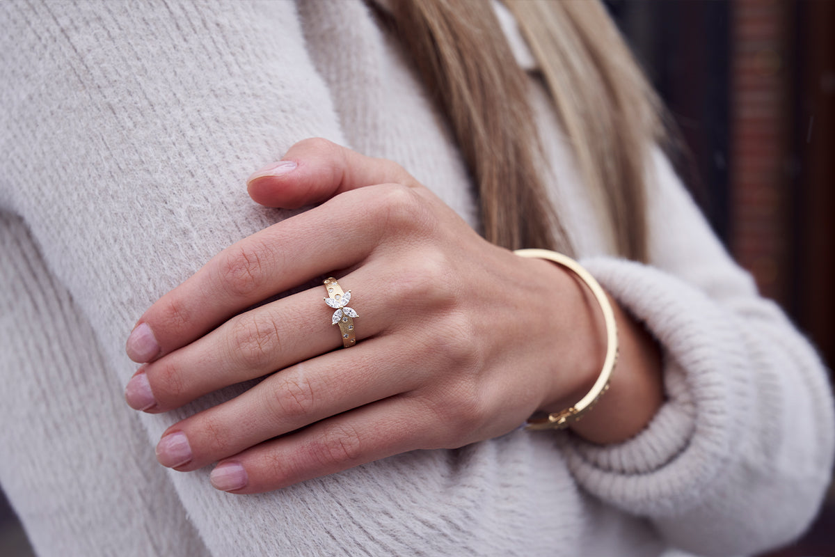 Woman Wearing Marquise Diamond Confetti Ring from Park City Jewelers