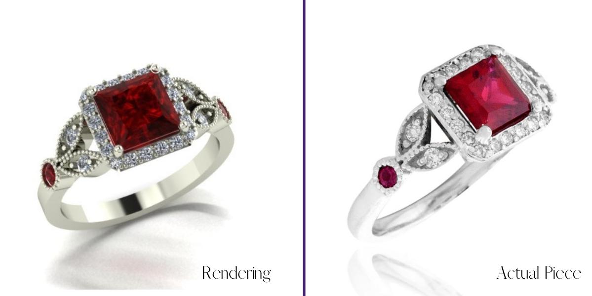 Red emerald ring rendering compared to actual ring