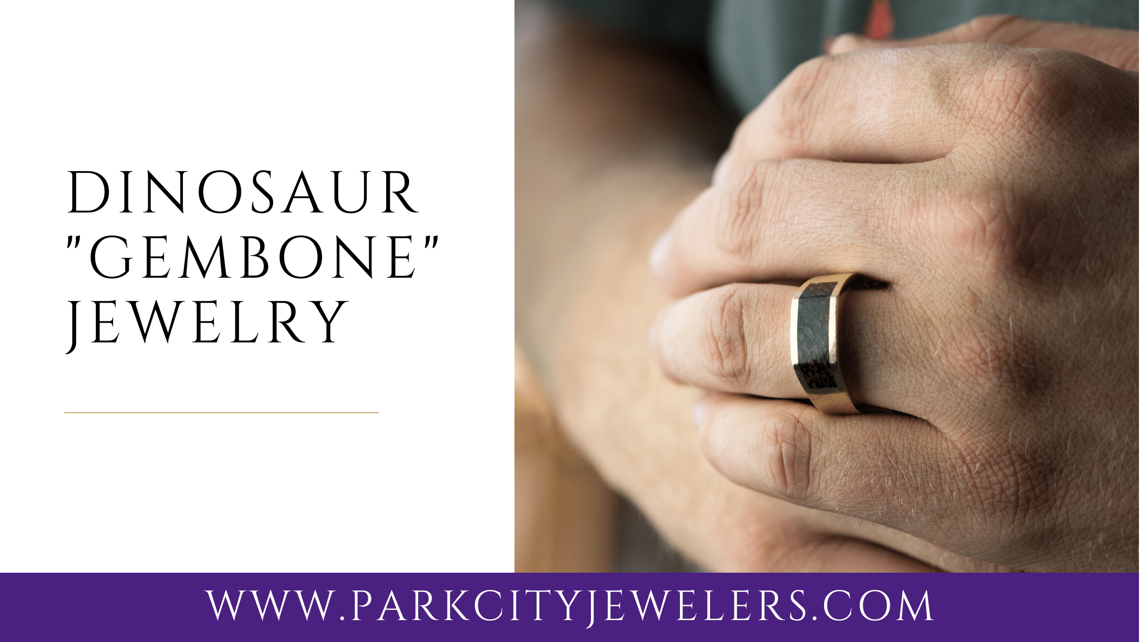 Dinosaur "Gembone" Jewelry Blog Banner Featuring a Man Wearing a Dinosaur Bone Ring - Park City Jewelers. 