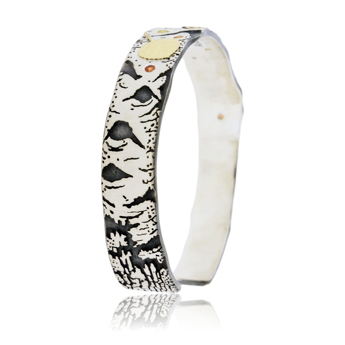 Sterling Silver Hand Carved Aspen Adorn Cuff Bracelet with Bi-Metal Leafs