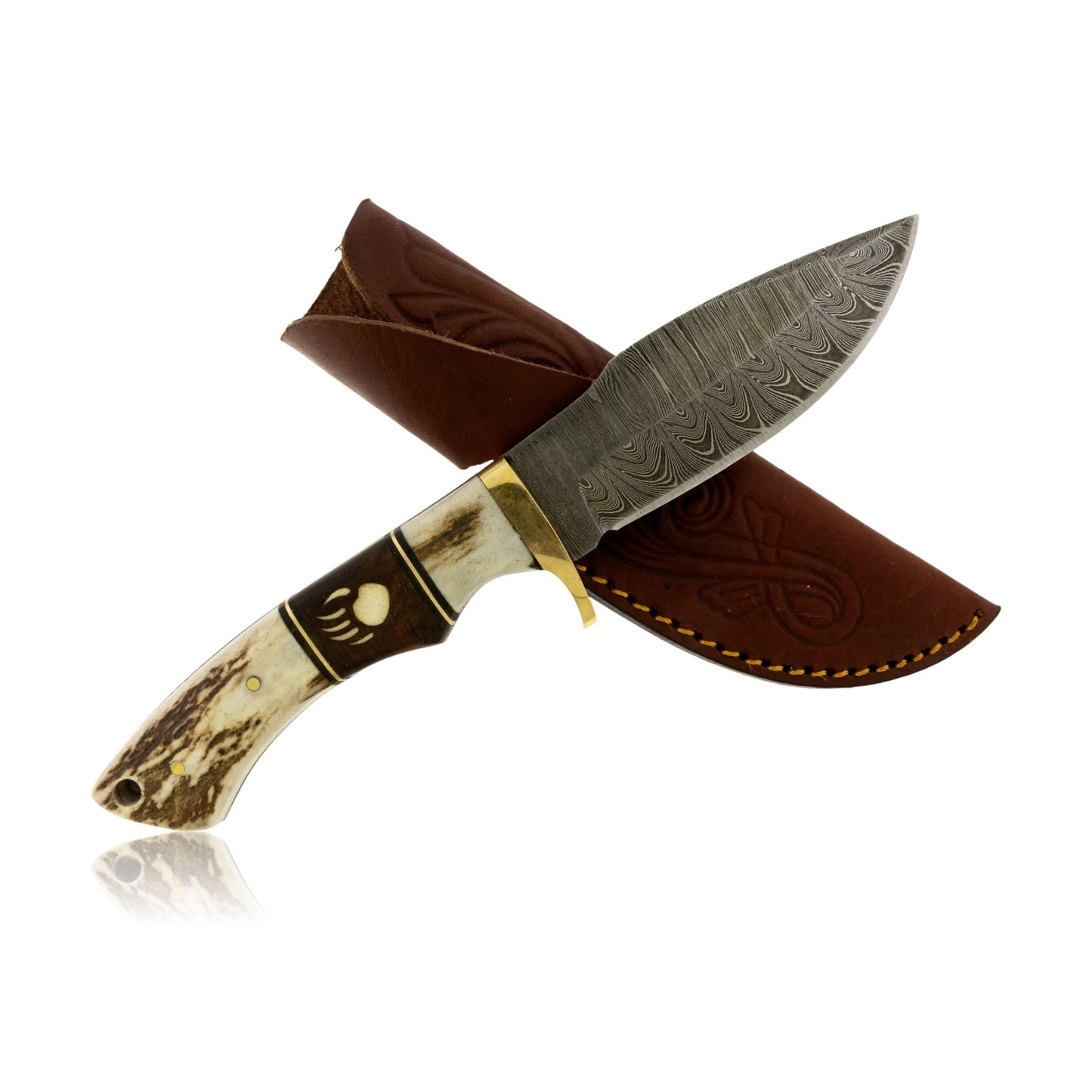 Large Damascus Hunting Knife with Antler & Sterling Silver Bear Paw Inlay