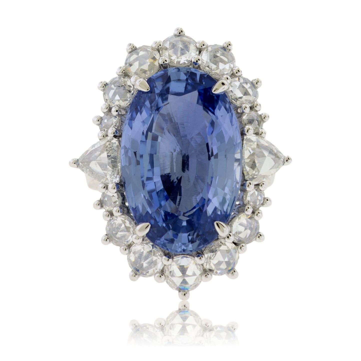 Large Oval Blue Sapphire with Round and Diamond Halo Style Ring