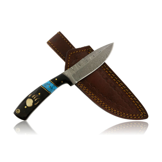 Large Damascus Knife with Wood and Synthetic Turquoise & Sterling Silver Bear Paw Inlay