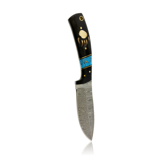 Large Damascus Knife with Wood and Synthetic Turquoise & Sterling Silver Bear Paw Inlay