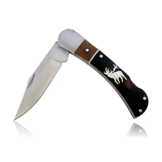 Ebony Double Wood Inlay Knife with Sterling Silver Skull Inlay