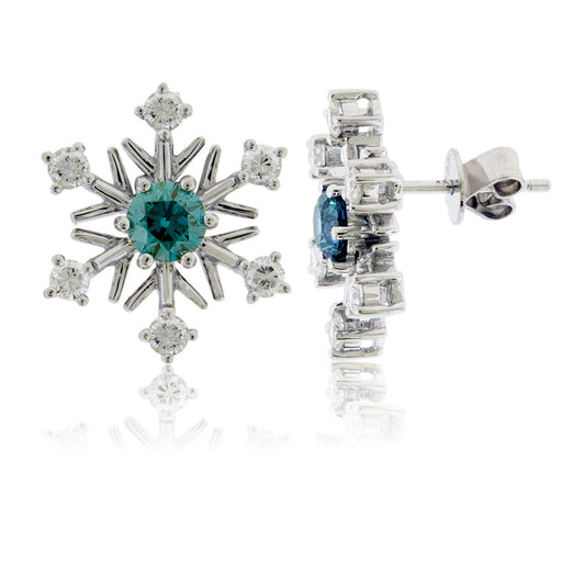 Diamond Snowflake with Blue Diamond Center Stud Earrings