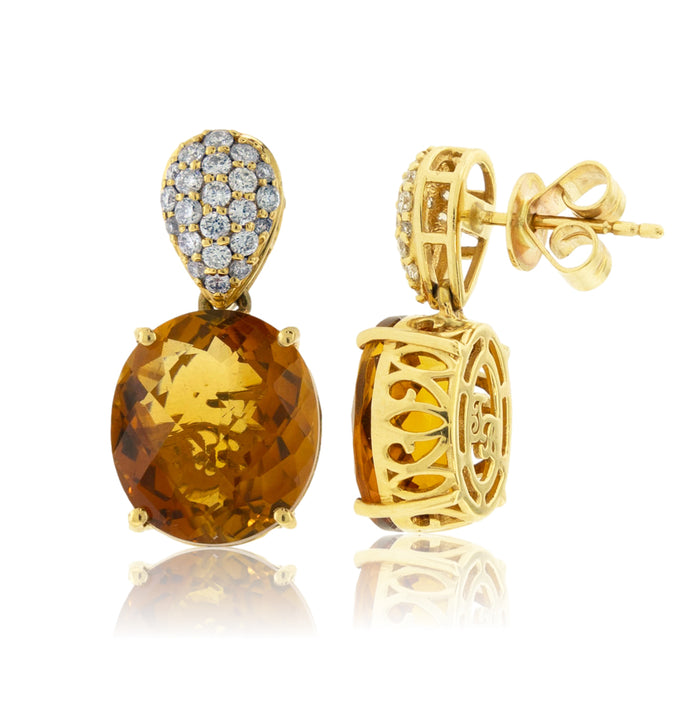 Oval Cut Citrine Dangle Earrings with Diamond Accents