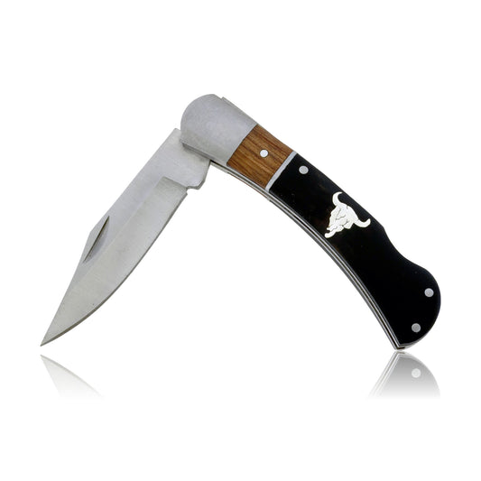 Ebony Double Wood Inlay Knife with Sterling Silver Skull Inlay