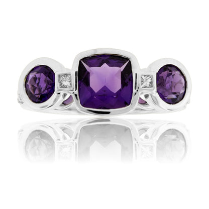 Fancy Shaped Amethyst with Diamond Accent Bezel Style Ring