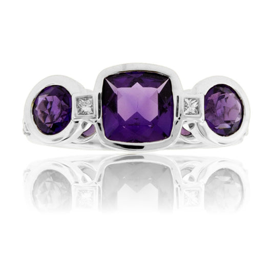 Fancy Shaped Amethyst with Diamond Accent Bezel Style Ring