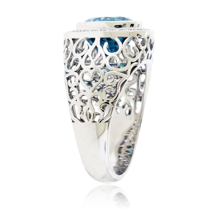 Oval Shaped Blue Zircon with Diamond Halo Filigree Ring