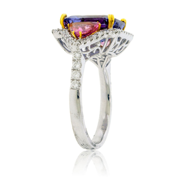 Step Cut Tanzanite with Trillian Pink Tourmaline and Diamond Accented Ring