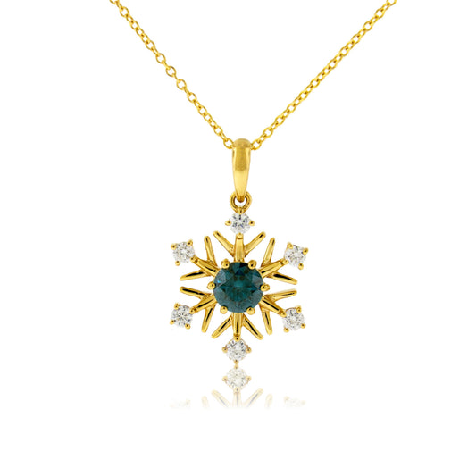 Diamond Snowflake with Blue Diamond Center Necklace