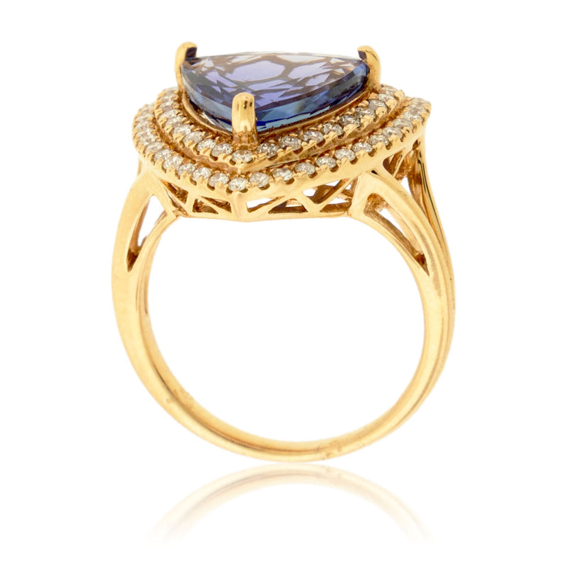 Trillion Tanzanite and Diamond Double Halo Rose Gold Ring