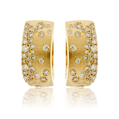 Yellow Gold Satin Finish Flush Set Diamond Earrings