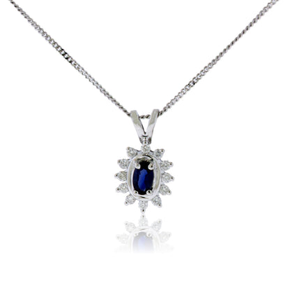 Oval Sapphire & Diamond Burst Halo Pendant