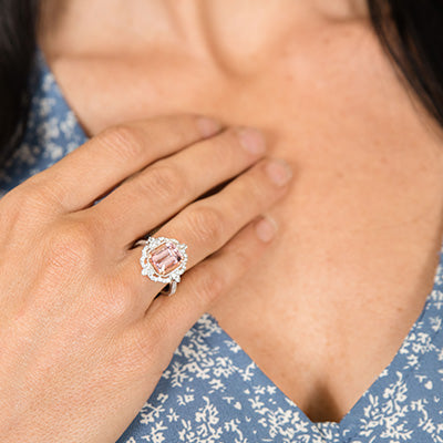 Woman wearing Park City Jewelers morganite ring