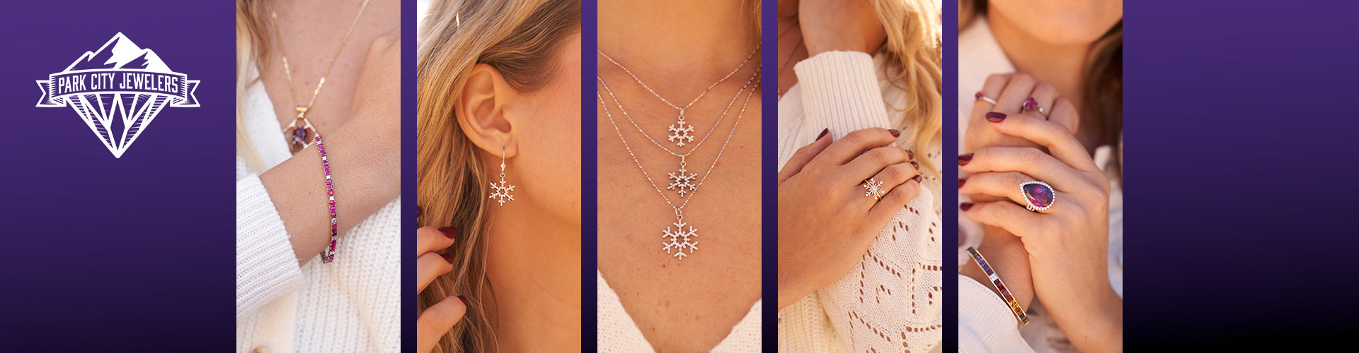 Five Shots of Women Wearing Park City Jewelers Signature Collections. 