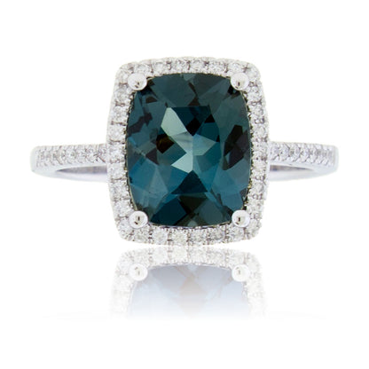 Fancy Cut Blue Topaz & Diamond Halo Ring