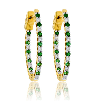 14KY Diamond & Emerald Hoop Earrings