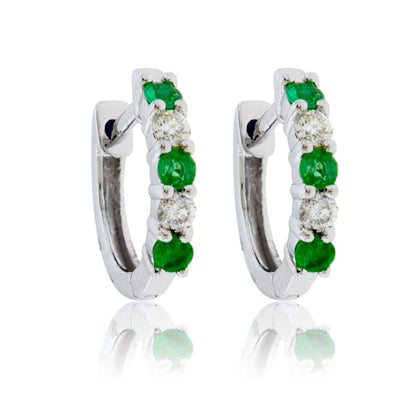 14KW Diamond & Emerald Hoop Earrings