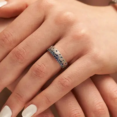 Woman Wearing Sapphire Confetti Ring by Park City Jewelers