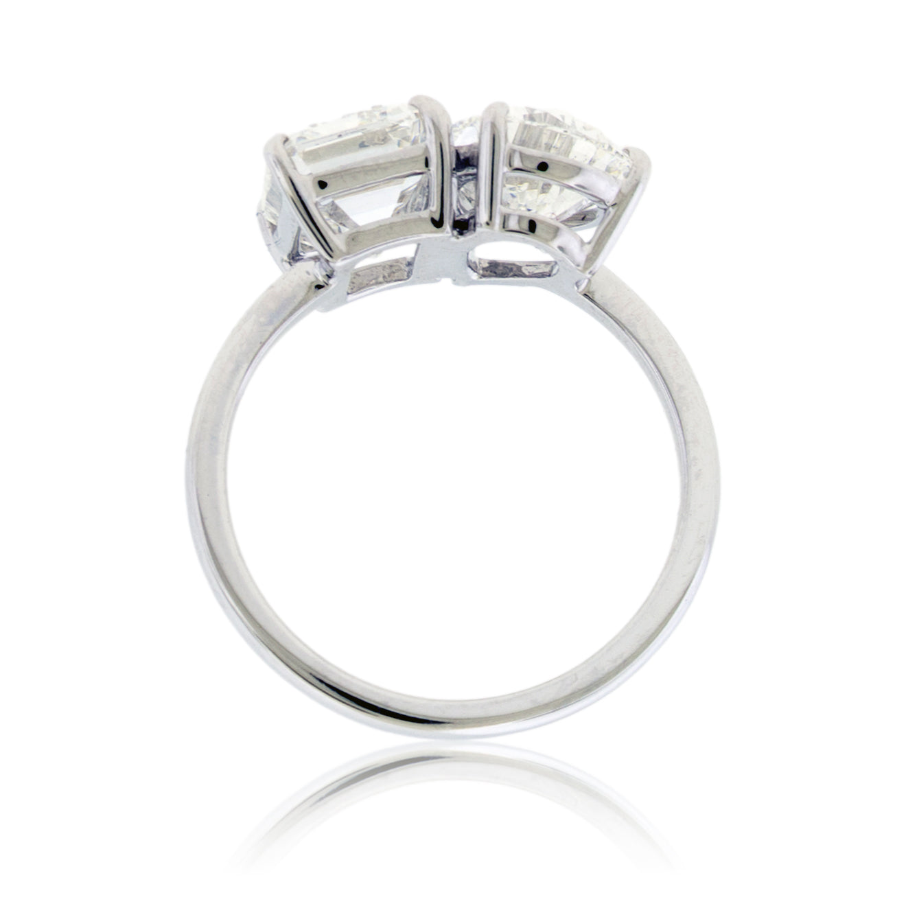 Side profile highlighting the elevated two-stone design and smooth 14K white gold shank.