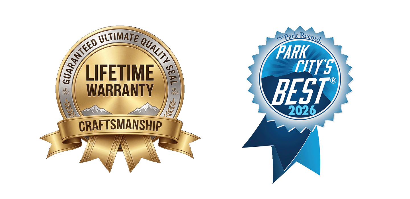 Park City Jewelers badges - Lifetime Warranty quality seal and The Park Record's Park City's Best 2026 award.