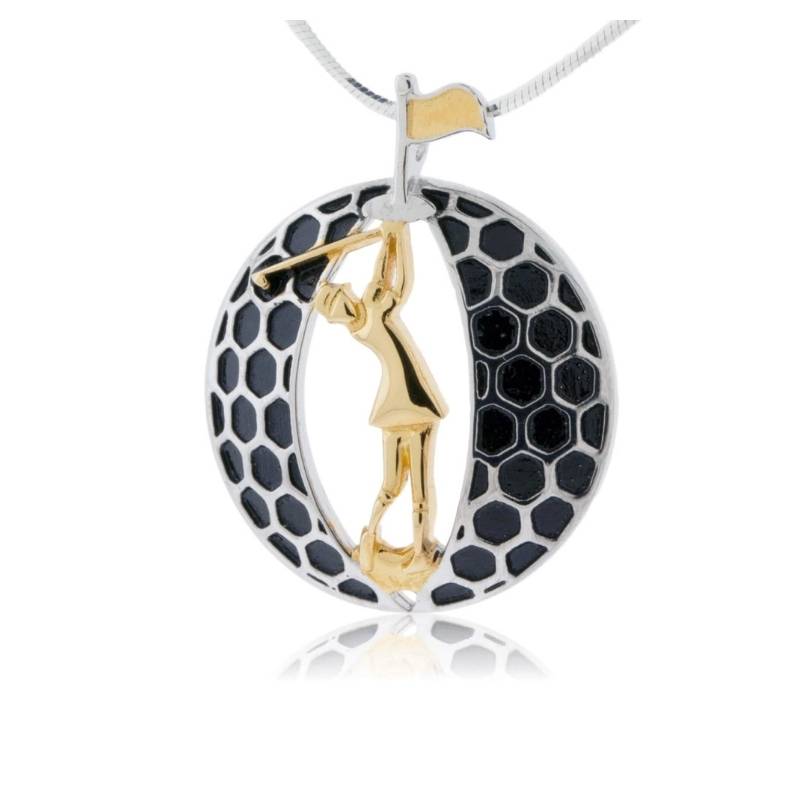 Woman golfing in golf ball frame necklace