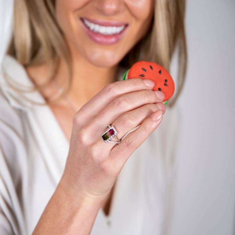 Woman wearing watermelon tourmaline ring