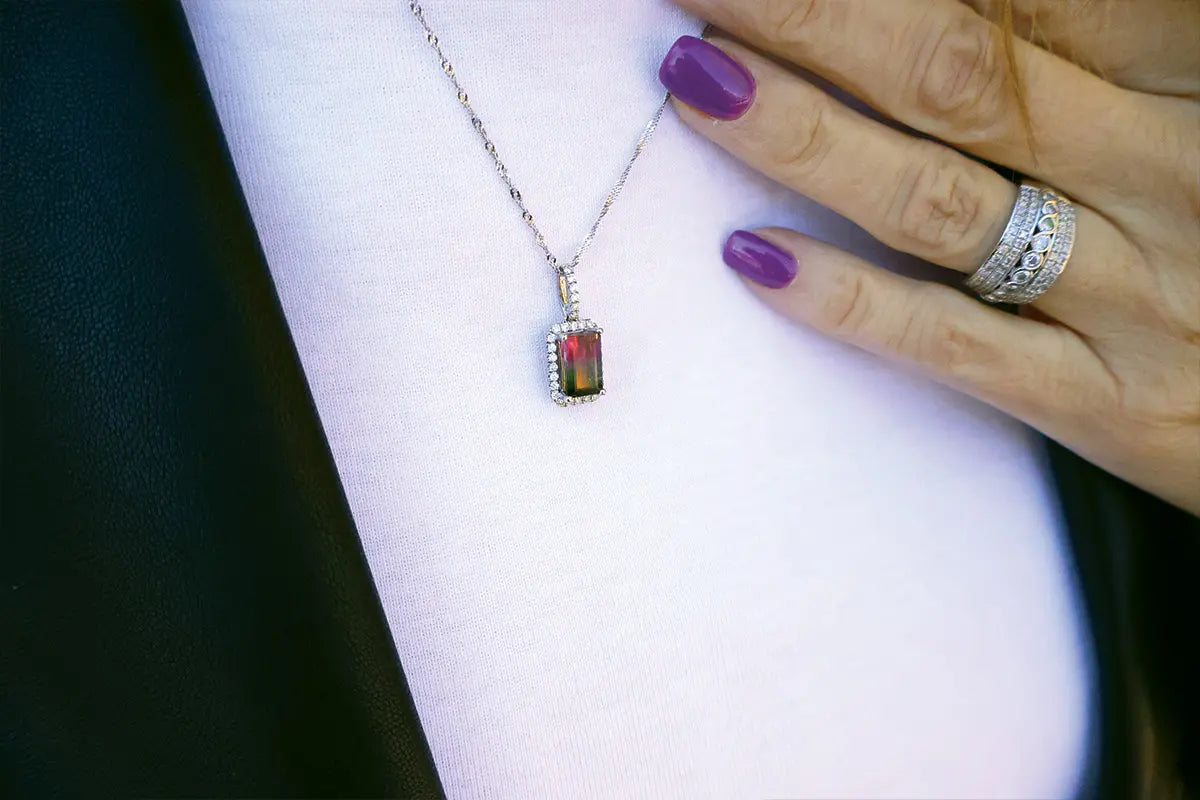 Woman Wearing Watermelon Tourmaline Ring from Park City Jewelers