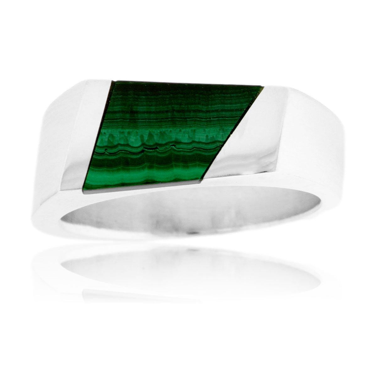 A men's wide-band ring in brushed sterling silver, featuring a modern asymmetrical inlay of green, banded malachite.