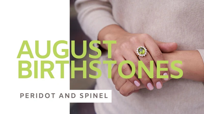 August Birthstone Banner Image Featuring a Woman Wearing a Peridot Ring with Diamond Halo from Park City Jewelers. 